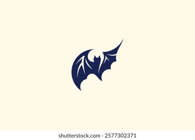 Simple and elegant bat silhouette logo. Dark blue on light background. Clean, modern design. Ideal for Halloween, wildlife, or branding projects. Vector illustration.