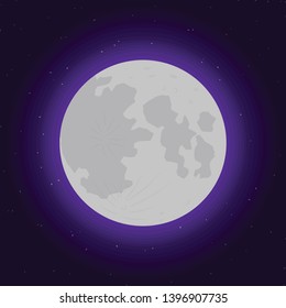 Simple, elegant, beautifully glowing full moon with basic lines on dark purple canvas with stars around it.