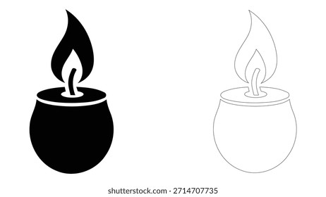 A simple and elegant black silhouette of a burning traditional oil lamp or candle illustration.