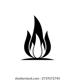 Eine schlichte, elegante schwarze Silhouette einer Flamme, geeignet für Logos oder Icons, vor einem sauberen weißen Hintergrund.