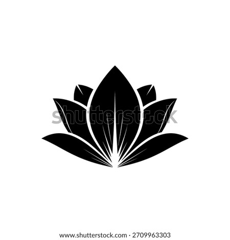 A simple and elegant black silhouette of a lotus flower. This vector graphic icon represents purity, beauty, and spirituality.