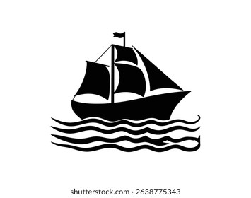 A simple, elegant black silhouette of a sailboat on wavy water. Perfect for nautical themes, travel, or adventure designs. Clean lines and a classic style.