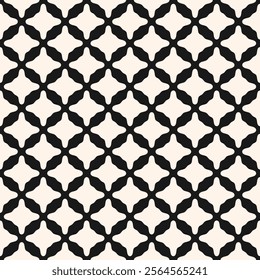 Simple elegant black and white abstract seamless pattern. Vector monochrome geometric texture with repeated elements, curved rhombus shapes, grid, lattice. Minimal background. Geo design for decor