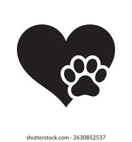 Simple and elegant black and white design of a dog paw print nestled within a heart shape.