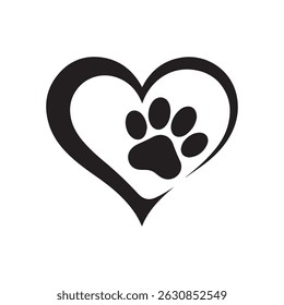 Simple and elegant black and white design of a dog paw print nestled within a heart shape.