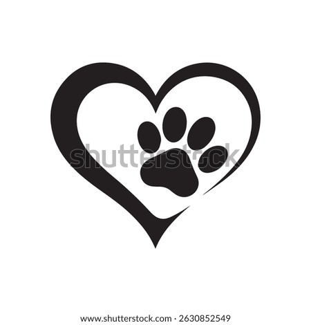 Simple and elegant black and white design of a dog paw print nestled within a heart shape.