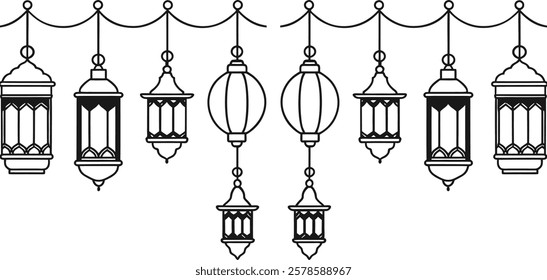 A simple, elegant black and white graphic of multiple traditional Islamic lanterns hanging from a string.