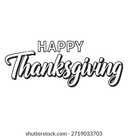 Gráfico sencillo y elegante en blanco y negro que muestra el texto 'Happy Thanksgiving' en una fuente cursiva y elegante. El diseño es minimalista, con las palabras 'Feliz' y 'Acción de Gracias' escritas en un guión fluido, lo que lo convierte en un saludo adecuado para las vacaciones de Acción de Gracias.