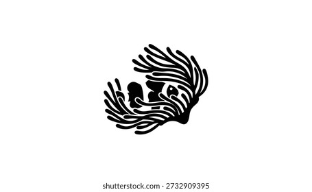A simple and elegant black and white graphic illustration of a tropical fish, possibly a clownfish, nestled within the protective tentacles of a sea anemone. Clean vector logo design.