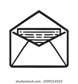 Ilustración simple y elegante en blanco y negro de un icono de sobre minimalista. Ligeramente abierta, mostrando un vistazo de la letra en su interior. Concepto de representación de comunicación, servicios de correo.