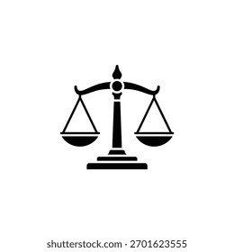 Simple, elegante ilustración en blanco y negro de escalas de justicia. El símbolo representa la equidad, la ley y el equilibrio judicial sobre un fondo liso.