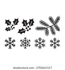 Uma ilustração simples e elegante preto e branco de Natal e inverno elementos de decoração temáticos feriados Incluídos estão raminhos de flocos de neve holly e um galho de pinho