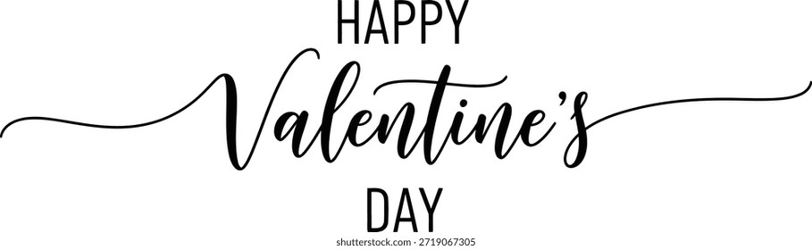 A simple and elegant black and white illustration featuring the festive greeting "Happy Valentine's Day." The word "Happy" is displayed in a neat, uppercase sans-serif font, positioned above the main phrase. "Valentine's" is rendered in a beautiful, flowing script font with a graceful underline flourish that extends to both sides, adding a touch of sophistication. "Day" is also in a sans-serif uppercase font, placed below "Valentine's." The overall design is clean, minimalist, and conveys a warm message of love and celebration, perfect for cards, banners, or digital greetings.