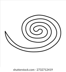 A simple, elegant black and white illustration of a spiral shape, resembling a curl or a stylized wave, with a tapering end.