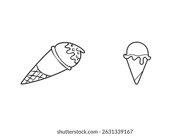 Simple and elegant black and white line art illustrations of ice cream cones