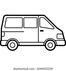 Uma ilustração simples e elegante em preto e branco retrata uma van de carga, perfeita para várias necessidades de transporte e entrega. Este versátil gráfico vetorial apresenta um contorno limpo.