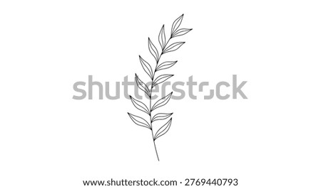 Simple and elegant black and white line art illustration of a single leaf branch with multiple small leaves on a white background.