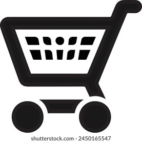 Una silueta en blanco y negro simple y elegante de un Carrito de compras con ruedas. Perfecto para diseños minimalistas, Sitios web de comercio electrónico o íconos de App de compras.