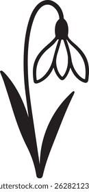 A simple and elegant black and white vector illustration showcases a delicate snowdrop flower, isolated against a clean white background. 