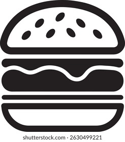 A simple, elegant black and white vector illustration depicts a mouthwatering hamburger.