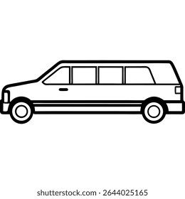 A simple, elegant black and white vector illustration depicts a hearse, perfect for commemorating a funeral. This graphic features a side view silhouette, rendered in a minimalist line art style.