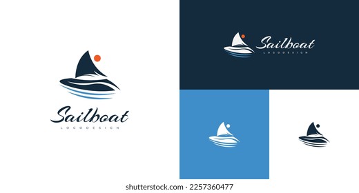 Simple and Elegant Blue Sailboat Logo Design. Ship Logo for Travel or Tourism Industry Brand Identity