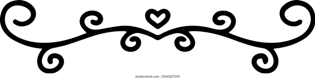 Simple elegant border with swirls and heart for romantic design forming a decorative element for wedding invitation or valentine s day greetings