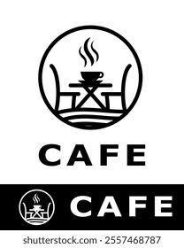 Simple and elegant cafe logo featuring a steaming coffee cup on a table, framed in a circular design