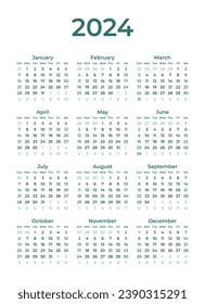 Simple y elegante calendario 2024 ilustración vectorial semana de inicio desde el domingo