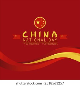 Simple elegant China national day celebration 1st October 2024 greeting design. 3D waving Chinese flags and stars isolated on red background. Simple background and vector illustration of China
