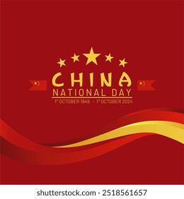 Simple elegant China national day 1st October 2024 greeting design. 3D waving Chinese flags and stars isolated on red background. Simple background and vector illustration of China