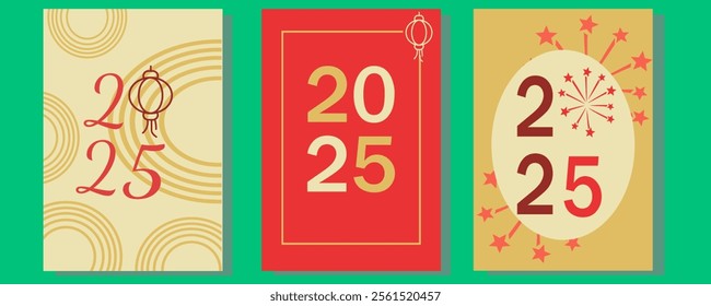 Simple and elegant Chinese new year 2025 greeting card with some lantern ornament and firework. perfect for poster, background, and greeting card.
