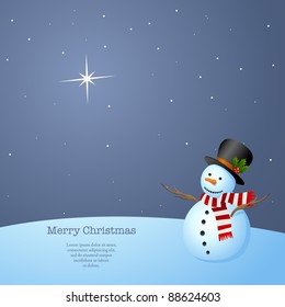 Simple, Elegant Christmas Background. Snowman At Night Staring At The North Star. Vector