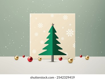 Simple and elegant Christmas card design with green paper cut tree, gold star, and red and gold ornaments on light green snowflake background, holiday display mockup, seasonal greeting
