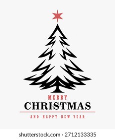 Eine einfache und elegante Weihnachtsgrafik mit einem stilisierten schwarzen Weihnachtsbaum mit einem roten Stern auf der Oberseite. Umfasst einen fetten Text mit dem Titel "Frohe Weihnachten" und einen modernen Gruß mit dem Titel "Und alles Gute zum neuen Jahr".