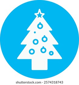 A simple and elegant Christmas tree icon in pure white, centered within a circular light blue background. The tree has a classic triangular shape, adorned with minimal details 