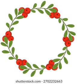 Simple and elegant Christmas wreath made of red berries and green leaves. Ideal for modern Christmas cards, festive backgrounds, and winter holiday decorations.