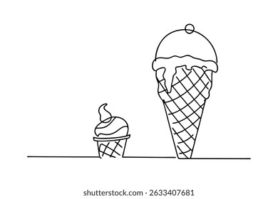 Simple and elegant continuous line drawing of two ice cream cones in black and white