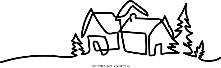 A simple and elegant continuous line drawing depicting a row of cozy houses nestled among pine trees on a white background.