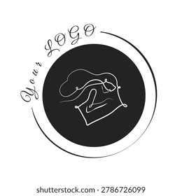 A simple, elegant continuous line drawing shows a sleepy girl's face with closed eyes. This minimalist art is set inside a black circular background, framed by a thin white line and text above.