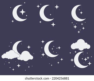 simple elegant crescent moon set with stars and clouds icon for decoration vector illustration EPS10