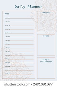 A simple and elegant day planner with a mandala design. Includes sections for date, hourly schedule, reminders, notes and daily confirmations.