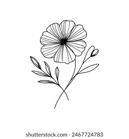 Flor de arte en blanco y negro delicada elegante simple con ilustración de brote y hojas
