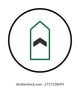 Una representación simple y elegante de un chevron de flecha estilizado enmarcado dentro de un círculo. El diseño enfatiza el movimiento hacia adelante, el progreso y la dirección, lo que lo hace adecuado para su uso como un icono o gráfico
