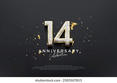 Simple elegant design, 14th anniversary celebration with luxurious shiny glitter numbers. Premium vector background for greeting and celebration.