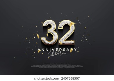 Diseño sencillo y elegante, celebración por el 32 aniversario con lujosos brillantes números. Fondo vectorial premium para saludos y celebraciones.