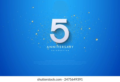 Simple and elegant design for the 5th anniversary celebration. With clean numbers and a bright blue background. Decorated with luxurious and shiny gold glittering.