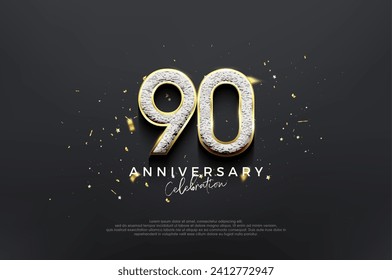 Simple elegant design, 90th anniversary celebration with luxurious shiny glitter numbers. Premium vector background for greeting and celebration.