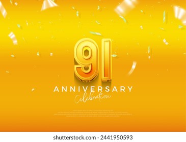 Simple and elegant design, 91st anniversary celebration with beautiful yellow color. Premium vector background for greeting and celebration.