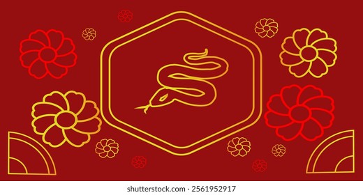 Simple and elegant design of chinese new year card and background with flower, snake, and fan with red and gold color. decoration perfect for celebrate chinese new year.